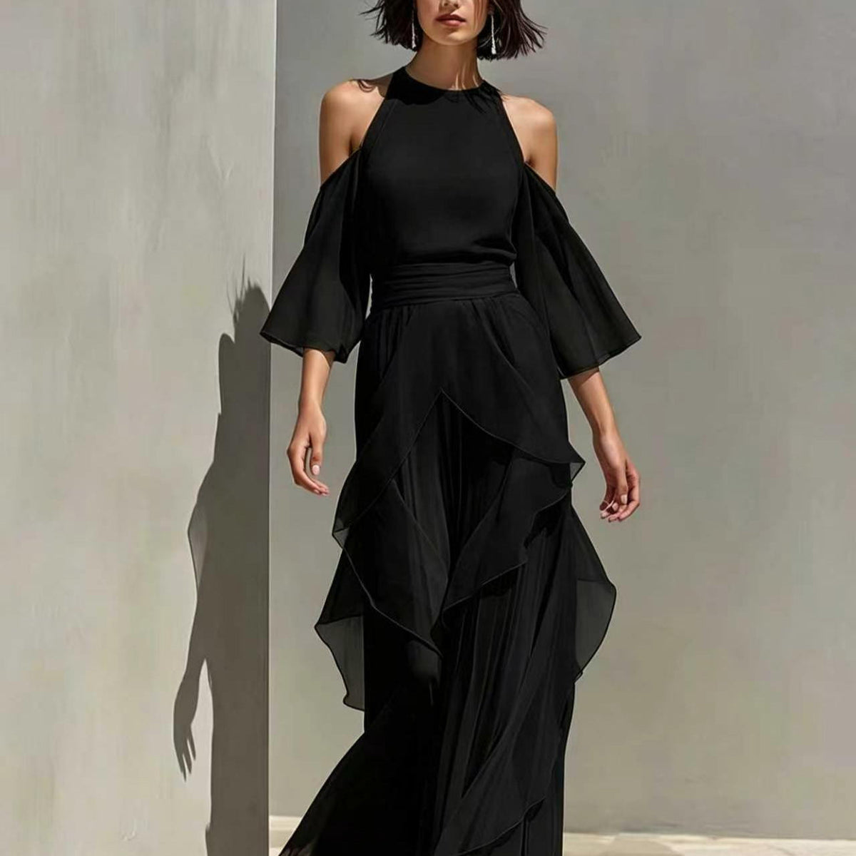 Solene - Cold Shoulder Chiffon Blouse And Wide Leg Pant Set
