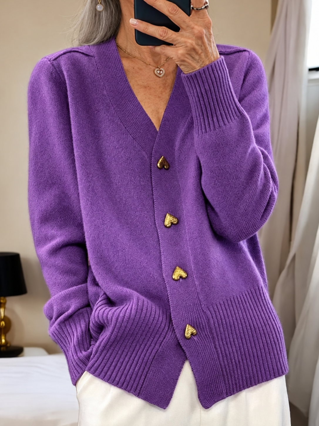 Elinor heart-button cardigan in violet on mature model