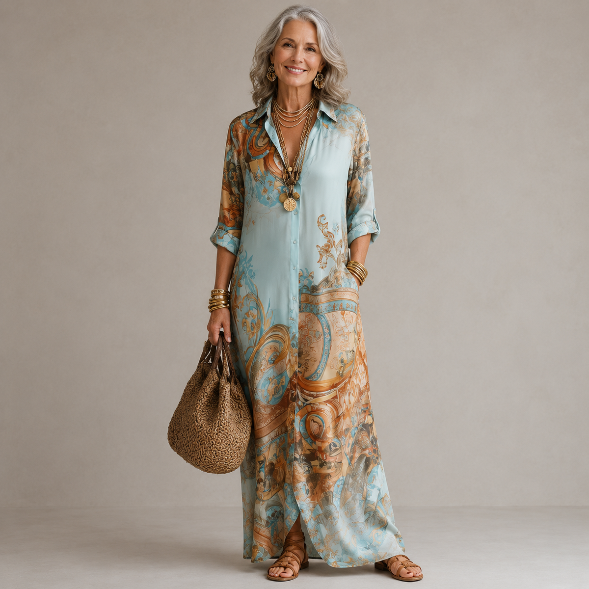 Lucasta vintage print maxi shirt dress front view