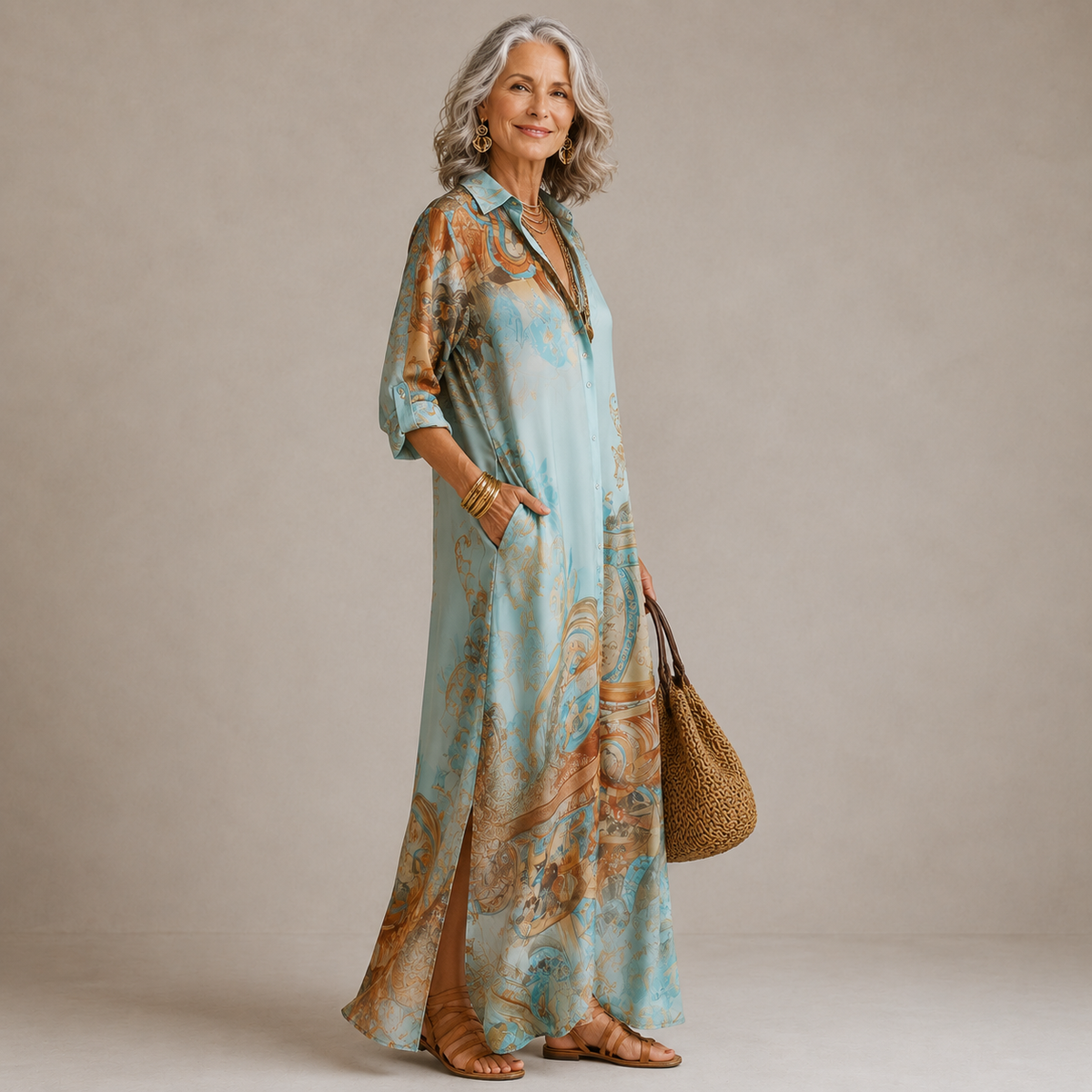 Lucasta vintage print maxi shirt dress, view 2