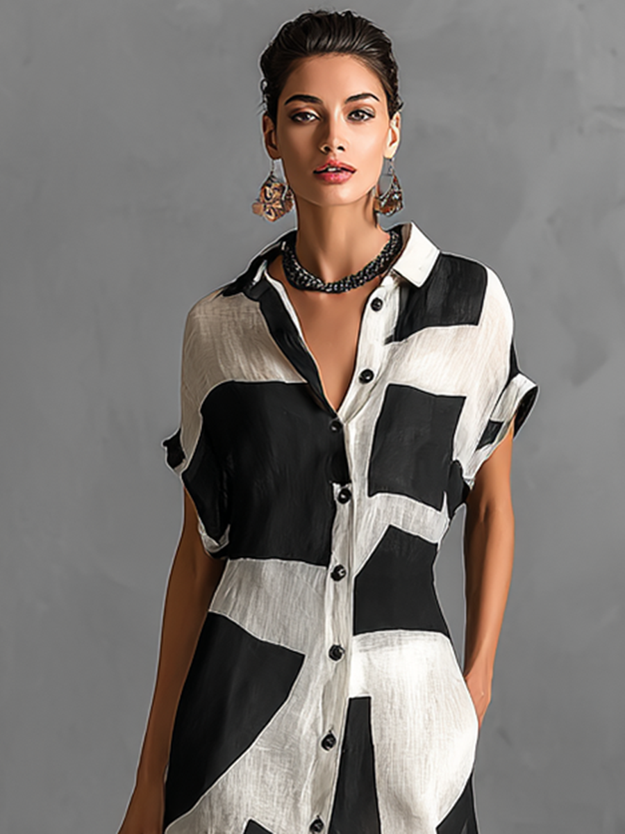 Geometric Print Short-Sleeved Maxi Shirt Dress