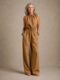 ZENAIDE | CAMEL WIDE-LEG JUMPSUIT WITH TIE HIGH NECKLINE