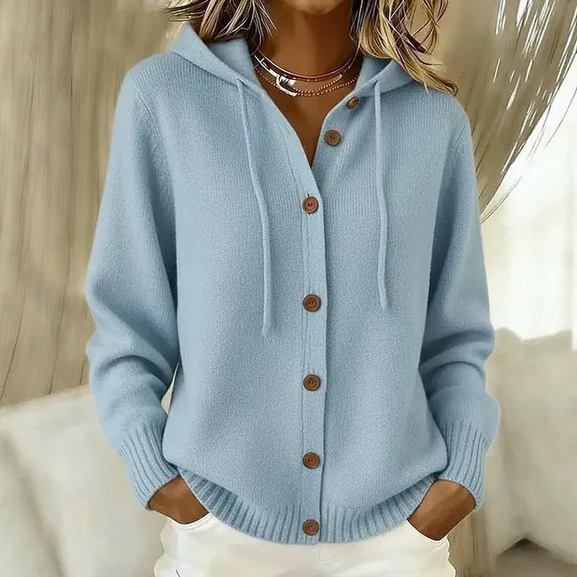 Goldie hooded knit cardigan in light blue, front view