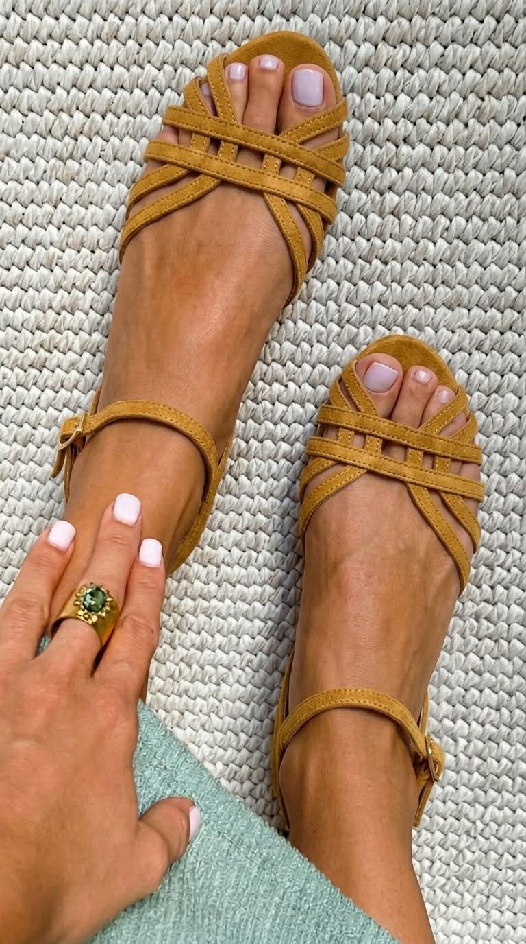 Tan Flat Sandals with Ankle Buckle and Multiple Straps