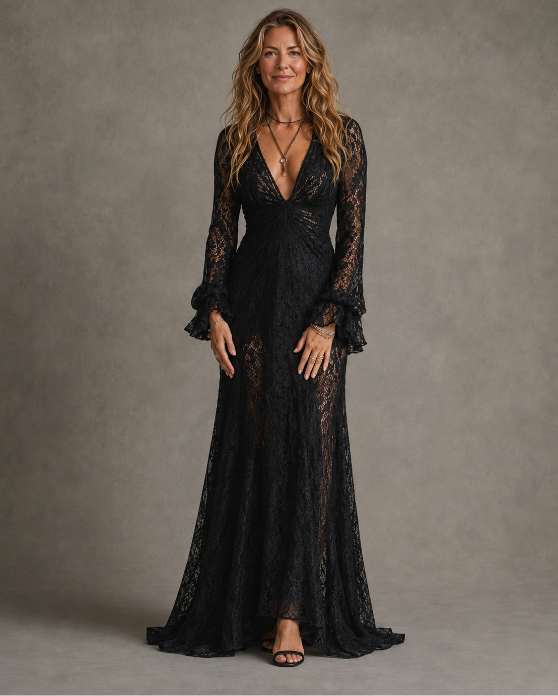 Heulwen lace maxi dress in black, full-length front view