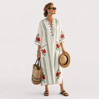 LONG KAFTAN | IVORY GREEN STRIPE RED ROSE EMBROIDERY