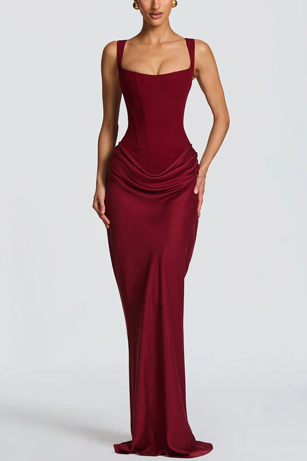 Persis corset-style square-neck maxi dress in wine red, front view