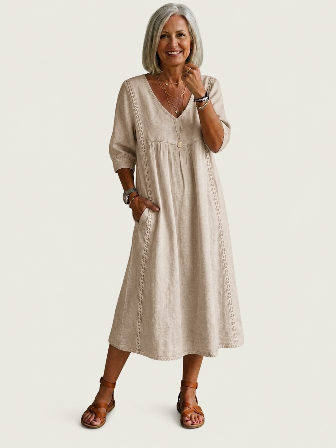 Juliette lace-trim A-line midi dress in sand, full-length front view