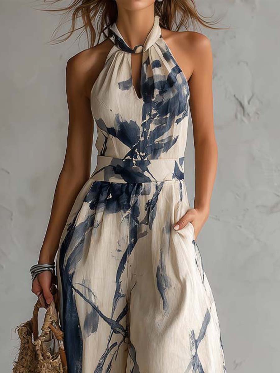 Abigail ink print halter wide-leg jumpsuit, view 4