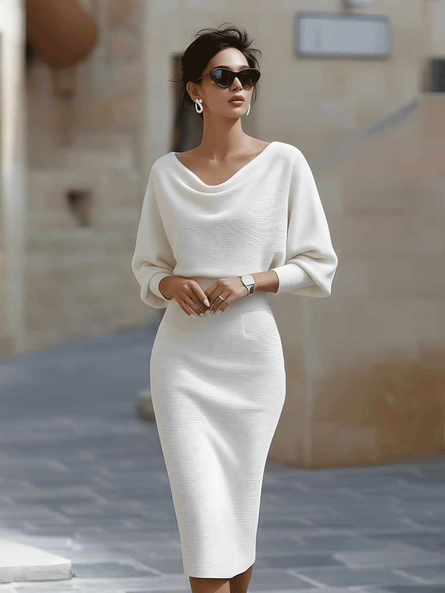 Cicely knit midi dress in white, full-length front view