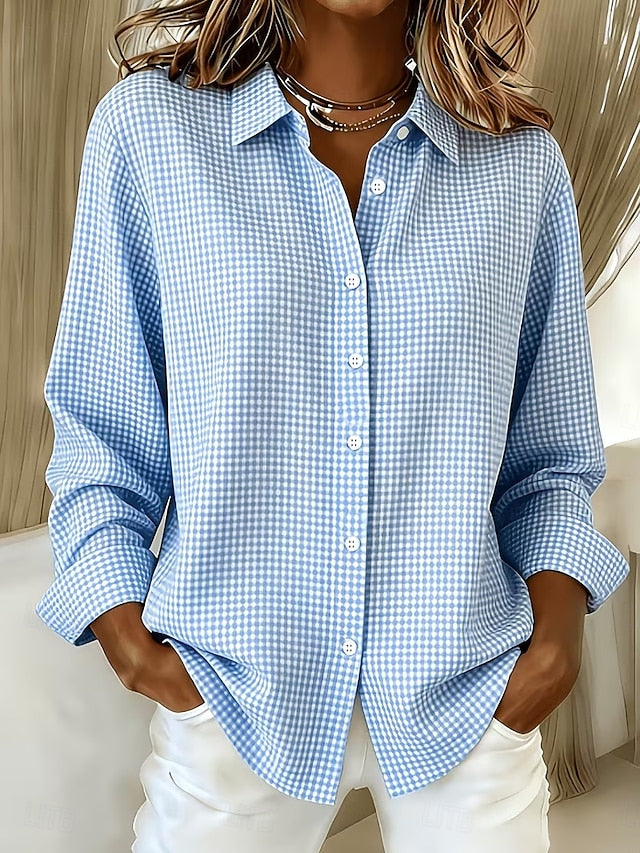 Hillrose gingham button-front blouse in sky blue, front view
