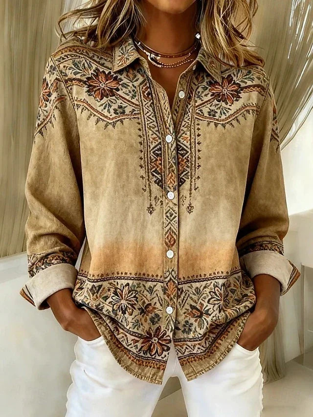 Rexanna vintage floral button front blouse in khaki, front view with border print