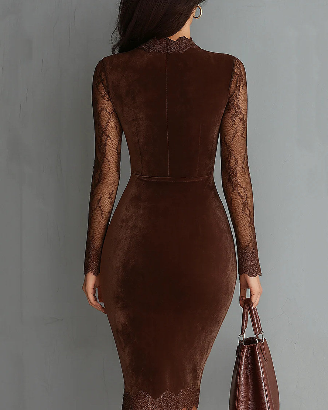 Yvette velvet dress with lace sleeves in brown, back view