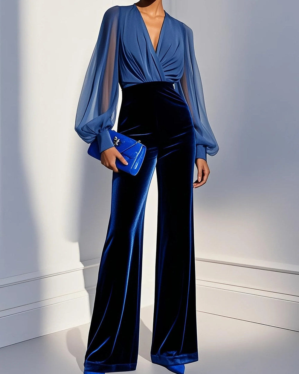 Callista velvet jumpsuit in blue, front view