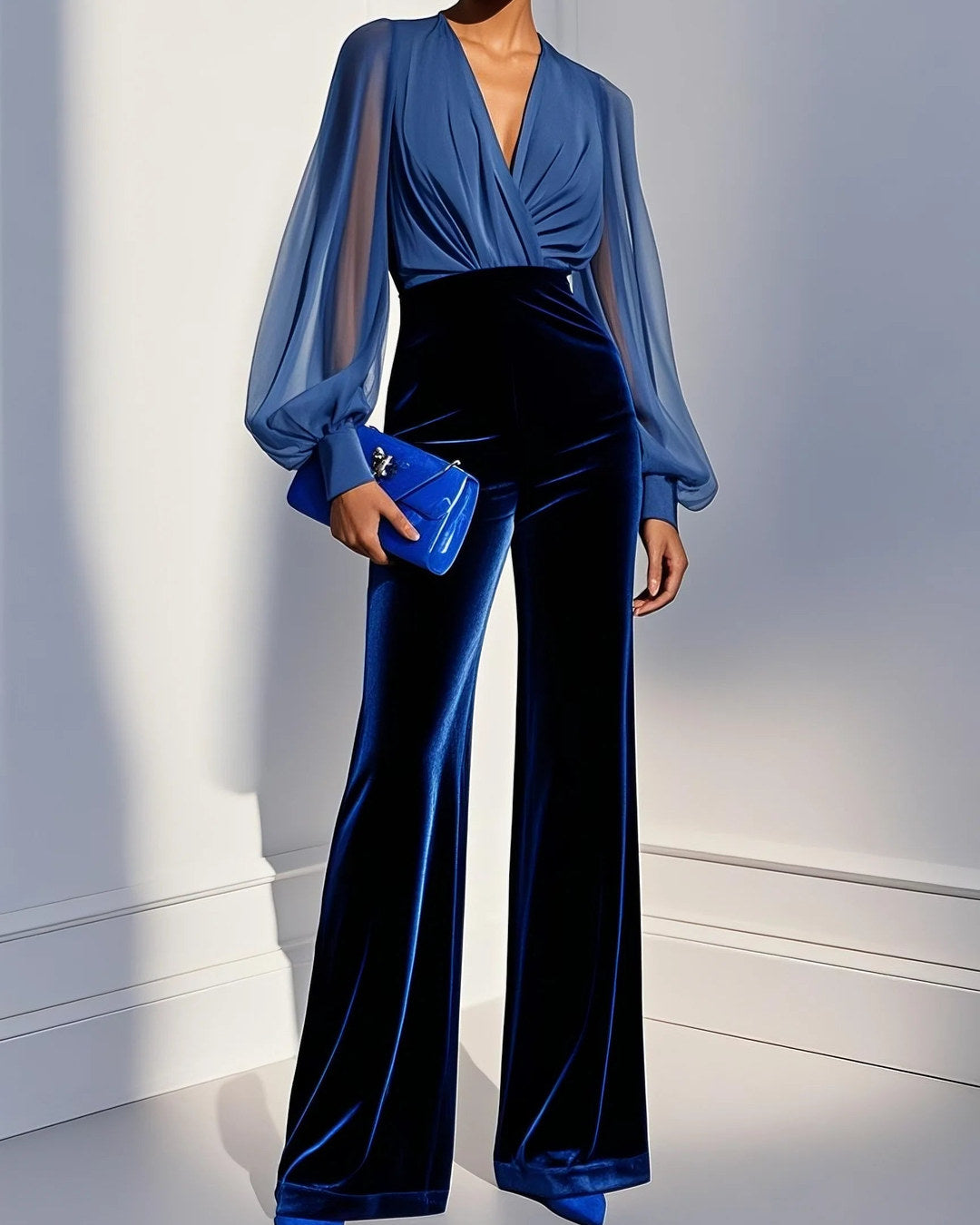 Callista velvet jumpsuit in blue, front view