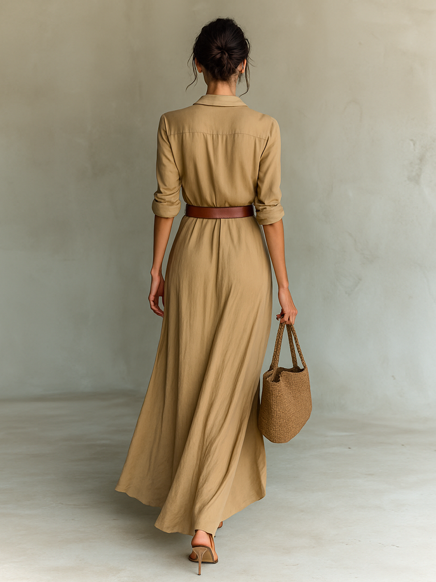 Rhona belted maxi shirt dress in khaki, back view