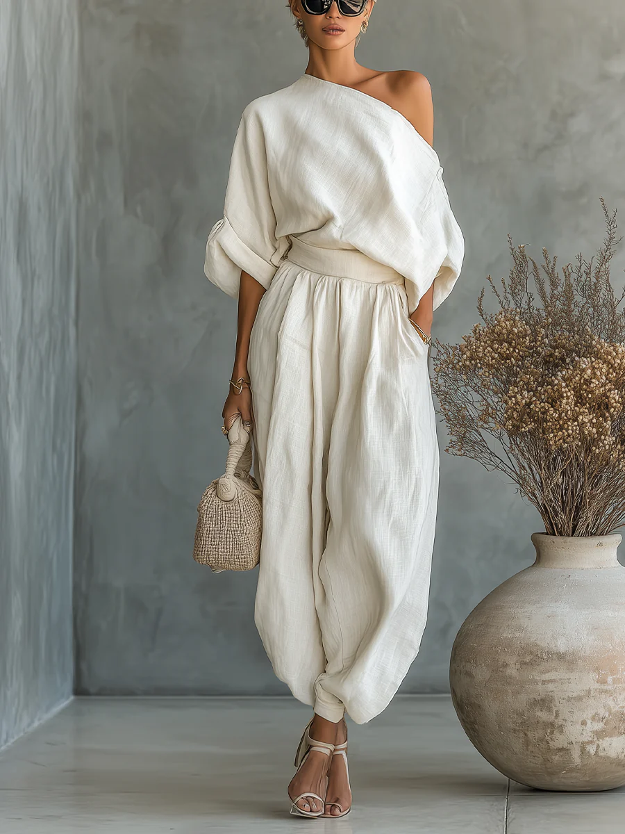 Bettany one-shoulder top and balloon trouser set in white, full-length view