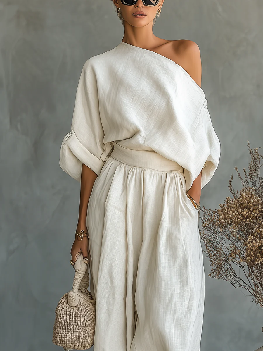 Bettany one-shoulder top and balloon trouser set in white, close-up view