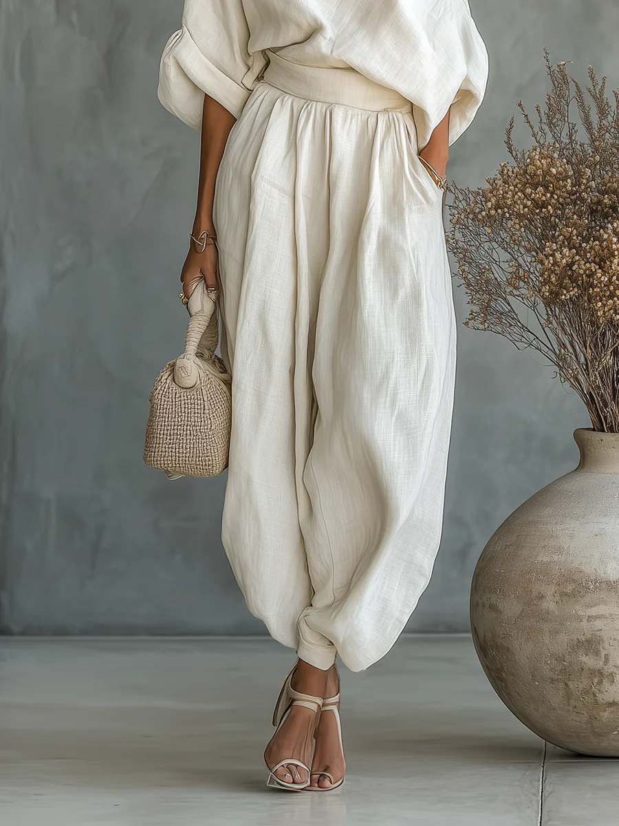Bettany one-shoulder top and balloon trouser set in white, trouser detail