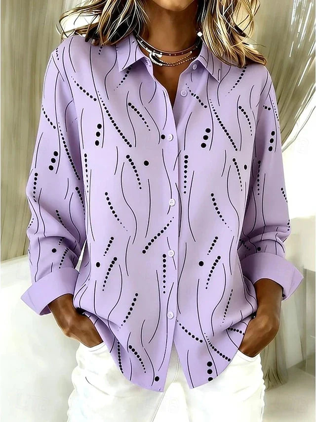 Dawnsley abstract print button blouse in lilac, front view with shirt collar