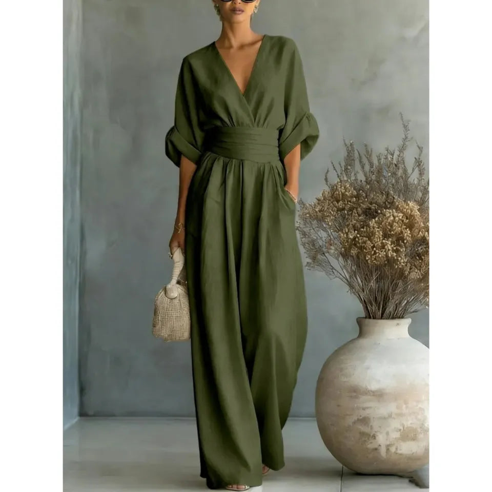 Gemma draped wide-leg jumpsuit in olive green, full-length front view