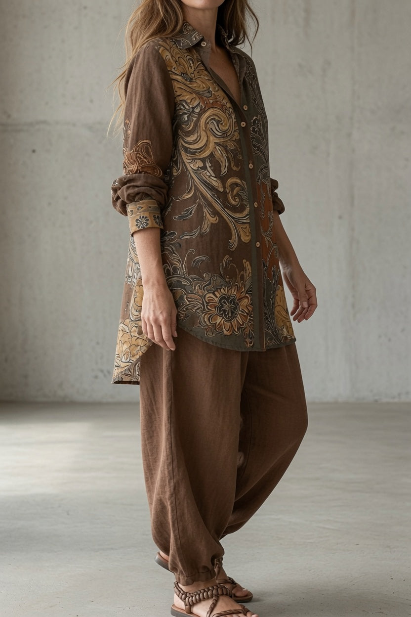 Albinia printed shirt and trouser set in Brown, side view