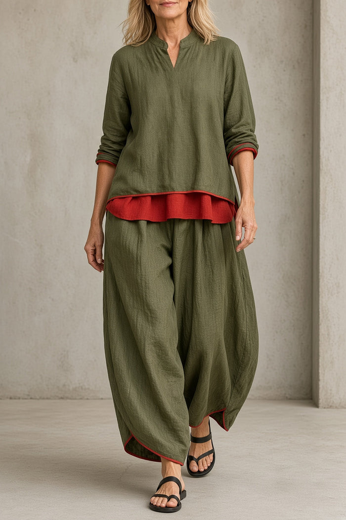 Marietta layered tunic and balloon trouser set in green, front view