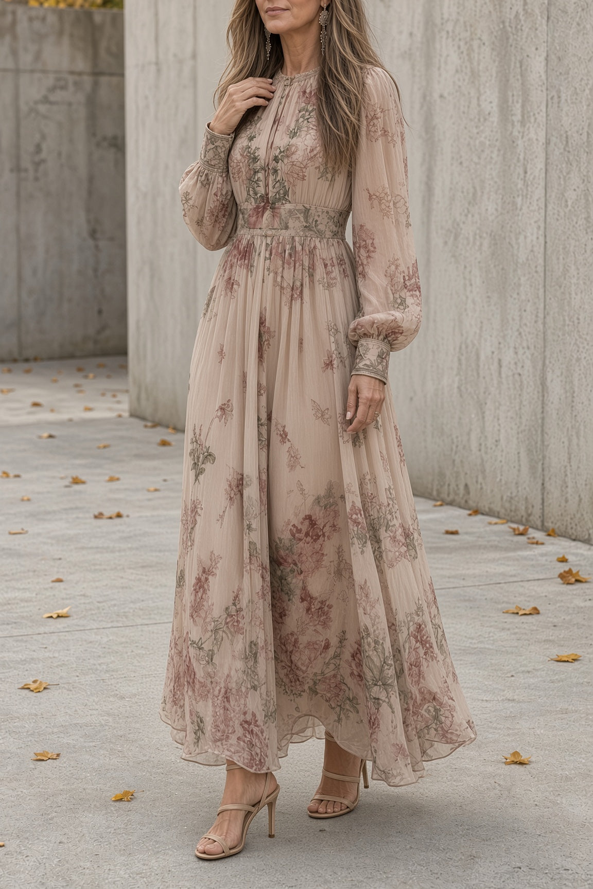 Iseult floral maxi dress in pink, three-quarter view