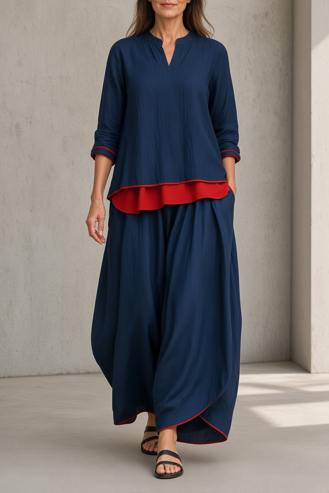 Henriette contrast-trim top and wide-leg trouser set in blue, front view
