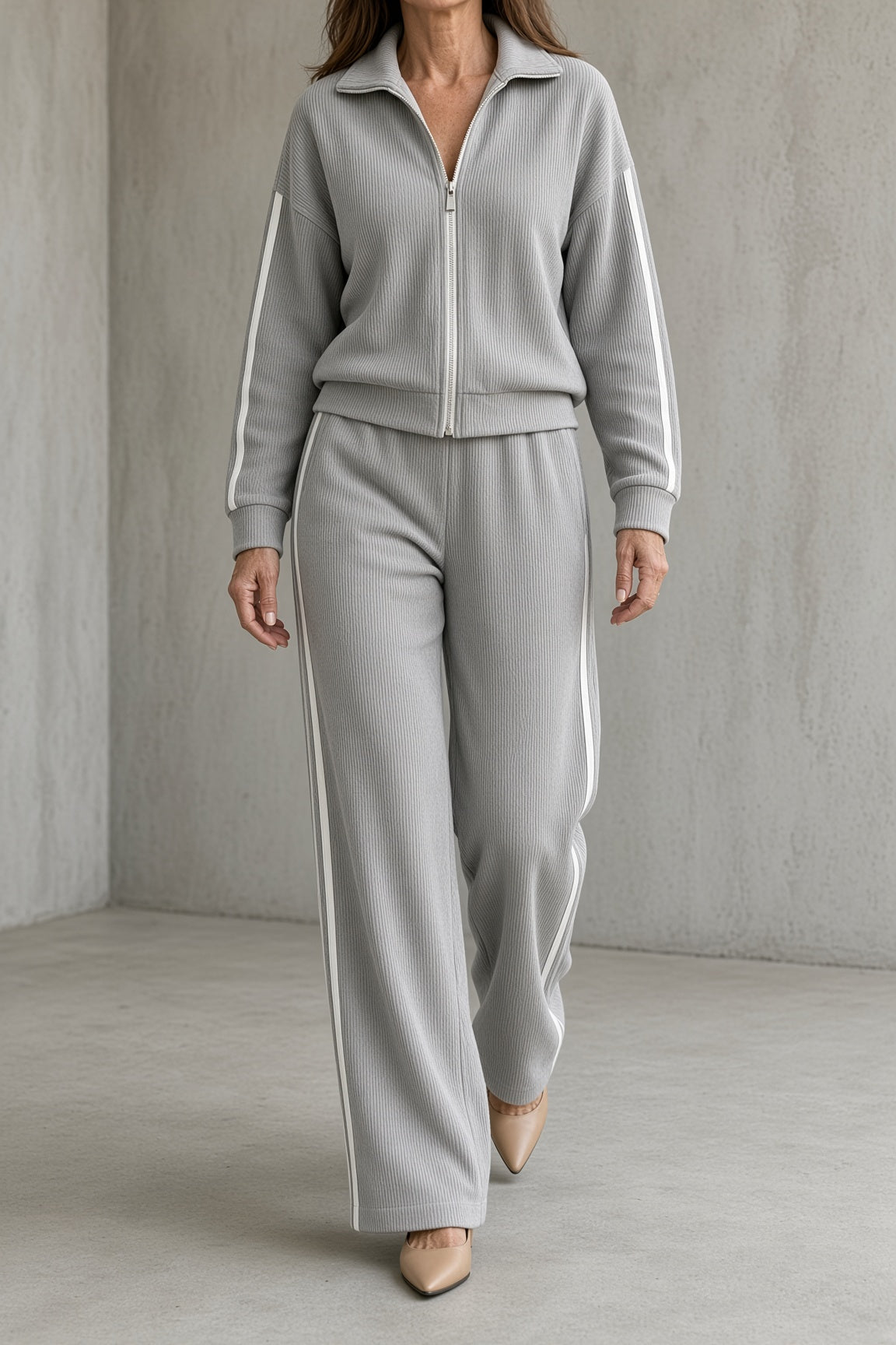 Catrin striped zip jacket and wide-leg trouser set in grey, front view