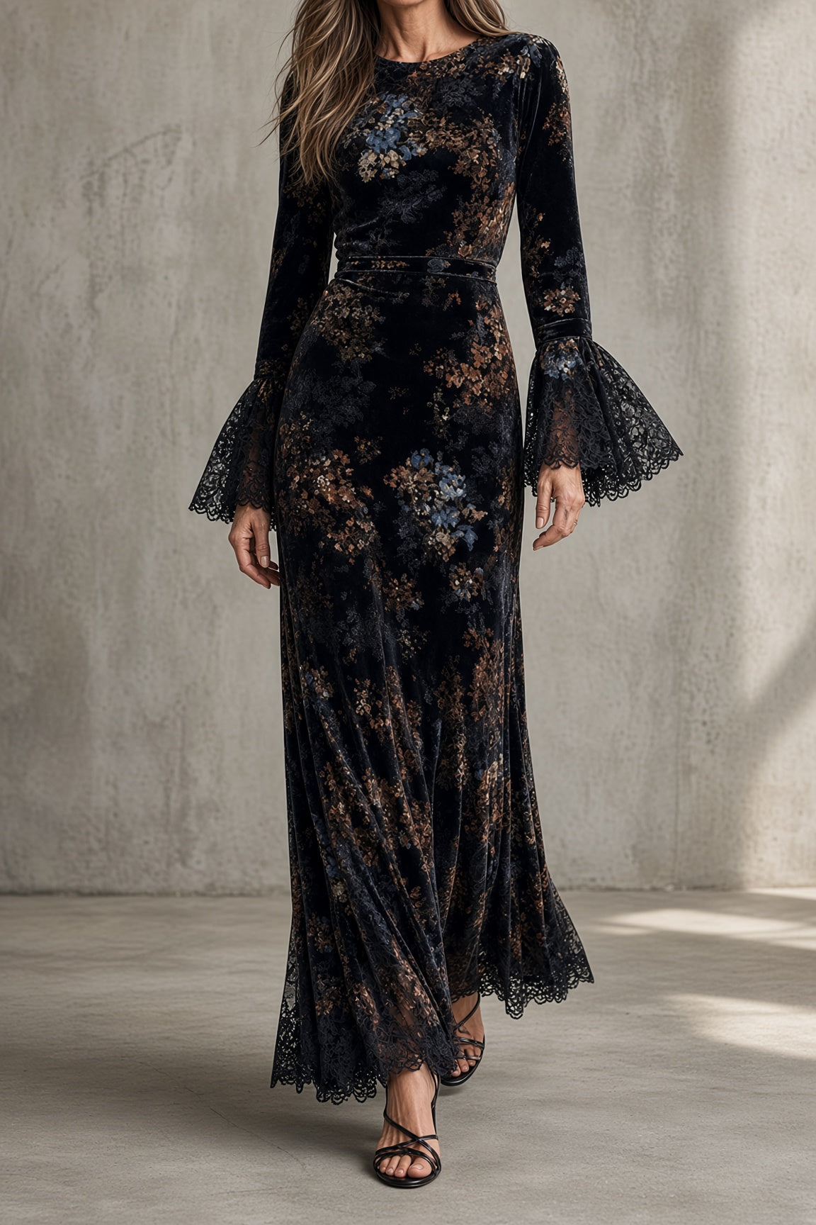 Aldith floral velvet maxi dress in black, front view