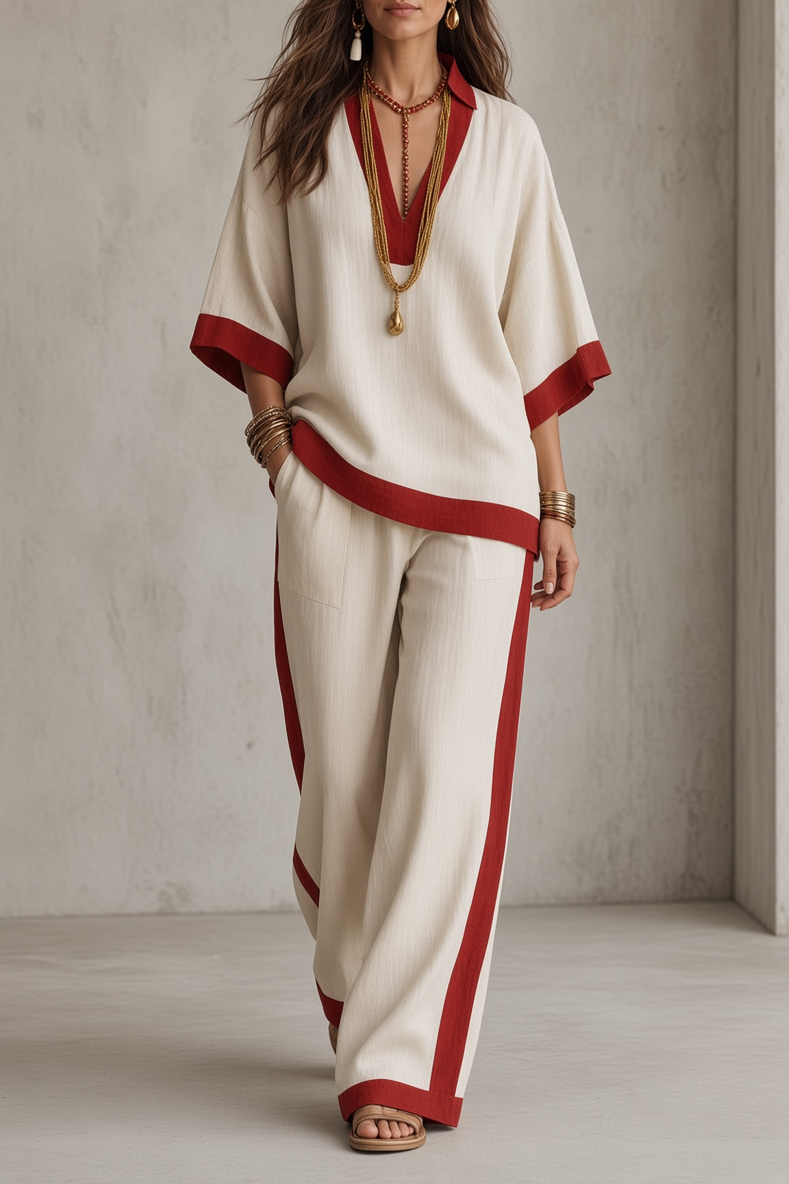 Camellia contrast trim kaftan top and trouser set in white, front view