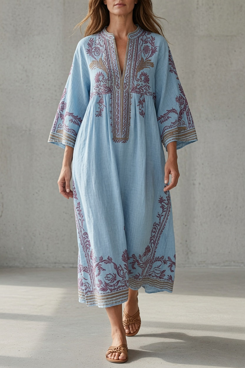 Romola embroidered maxi dress in Light Blue, front view