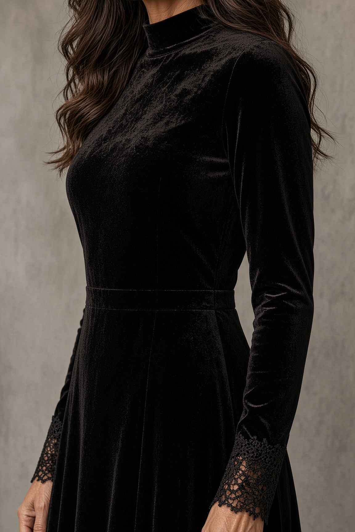 Emberly velvet maxi dress, close-up of high neck bodice and lace cuff