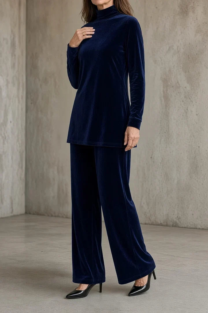 Tatiana velvet roll-neck trouser set in Midnight Blue, three-quarter view