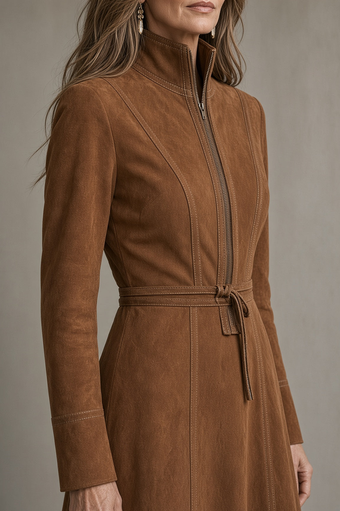 Caryll belted midi dress in brown, close-up of collar and belt
