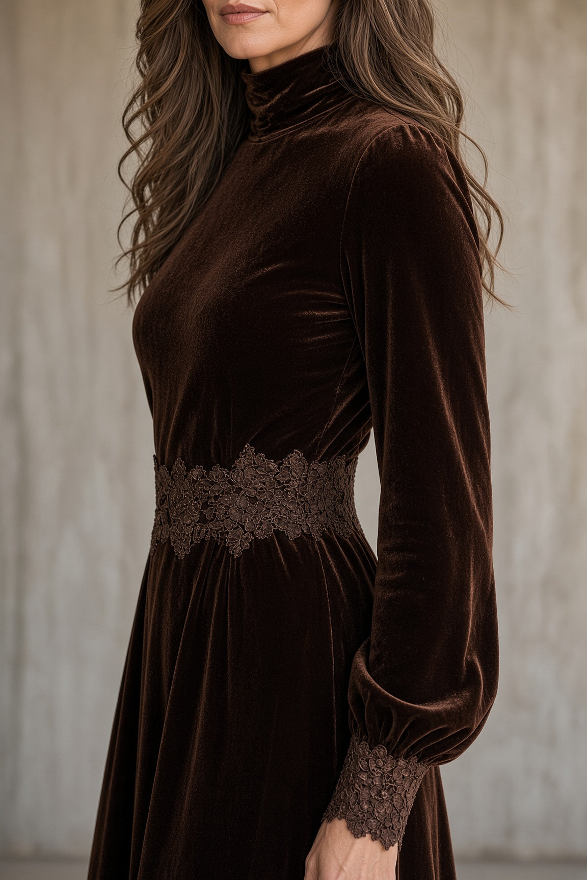 Berenice velvet maxi dress in brown, close-up of sleeve and lace cuff