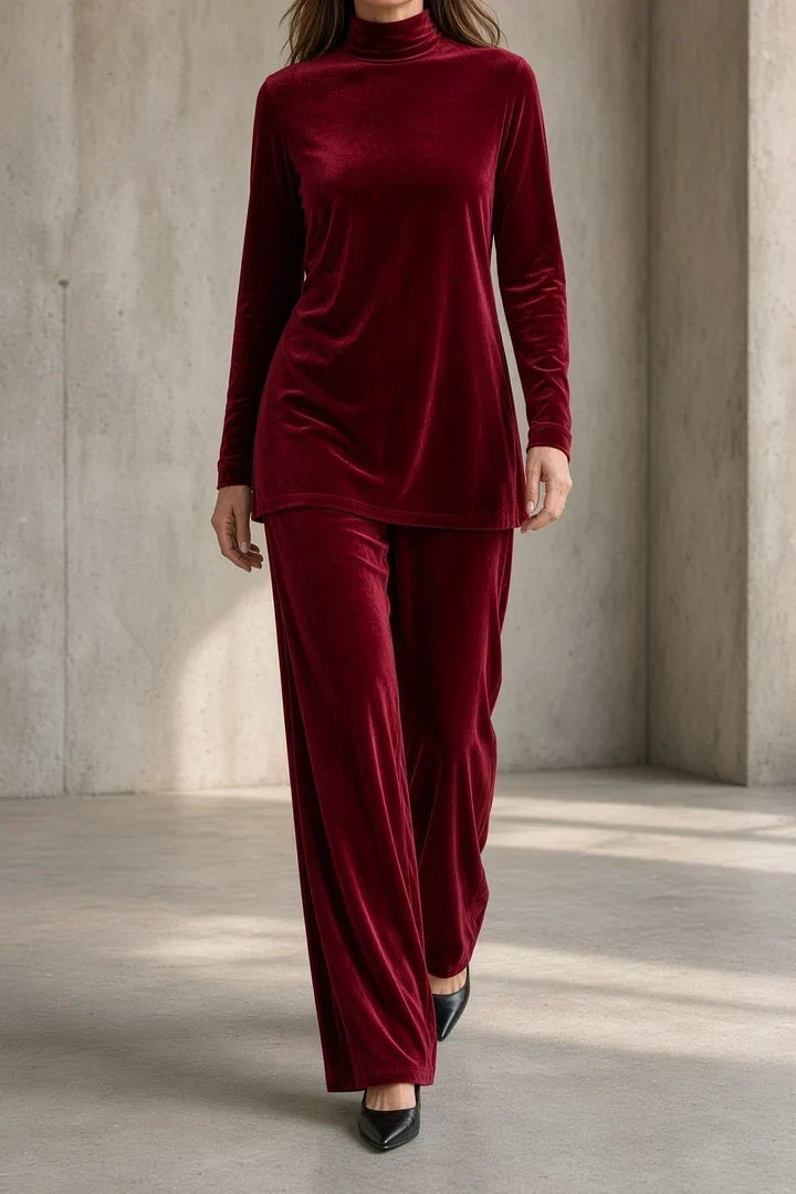 Tatiana velvet roll-neck trouser set in Red, front view