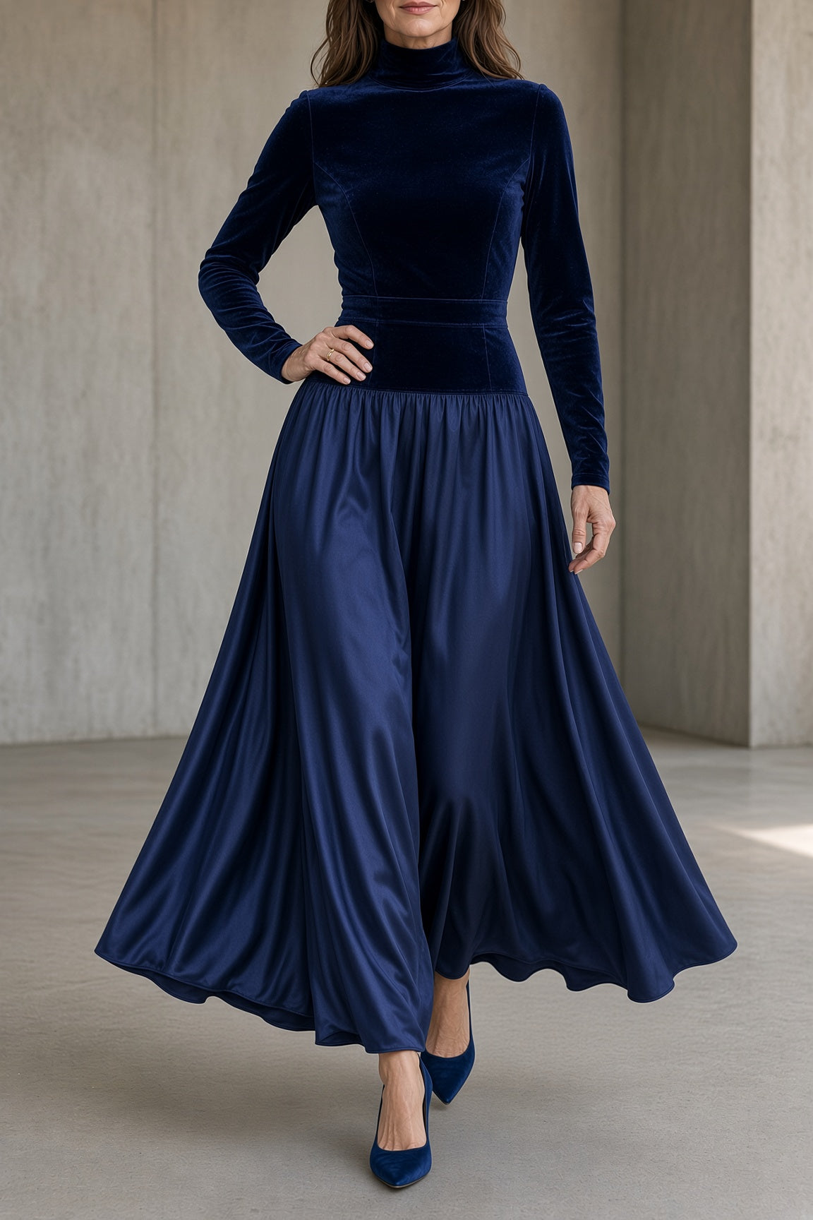 Sidony velvet maxi dress in midnight blue, walking view