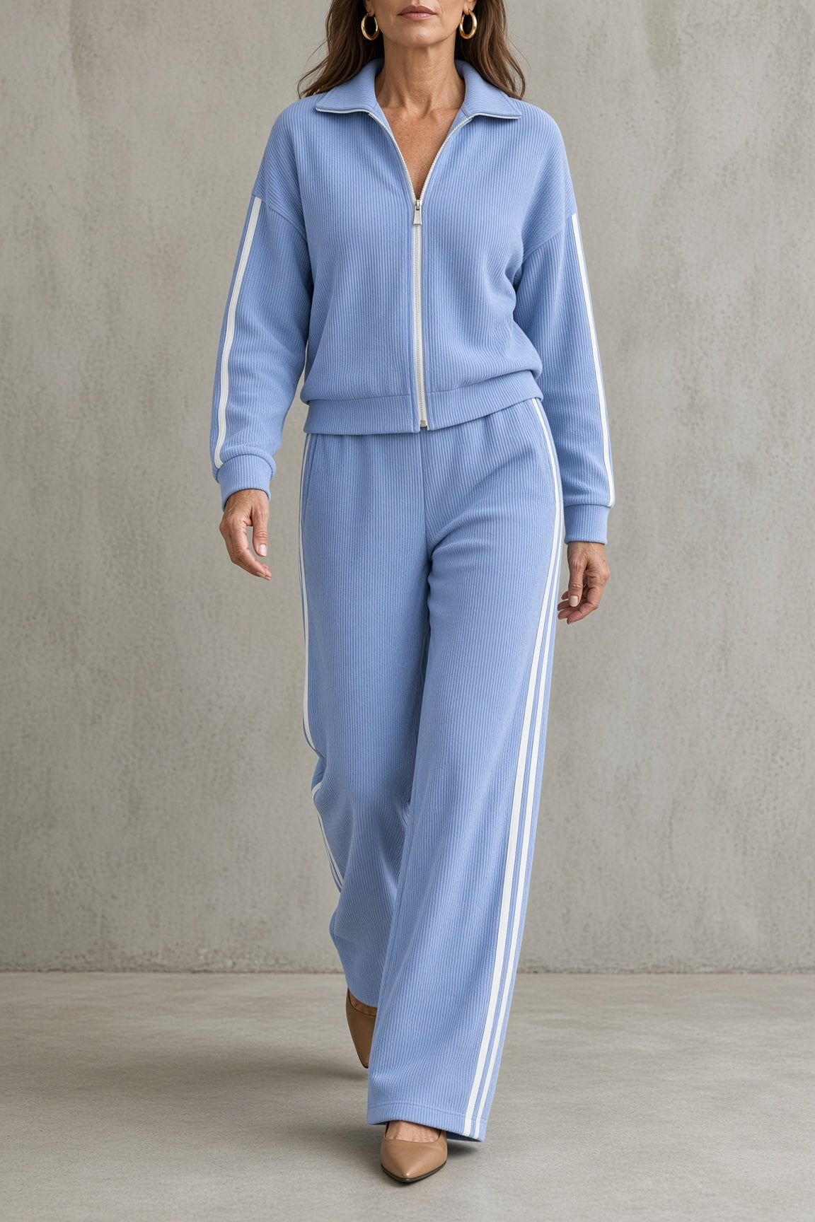 Catrin striped zip jacket and wide-leg trouser set in blue, front view