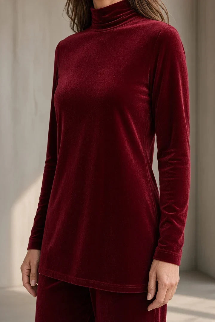 Tatiana velvet roll-neck trouser set in Red, top close-up
