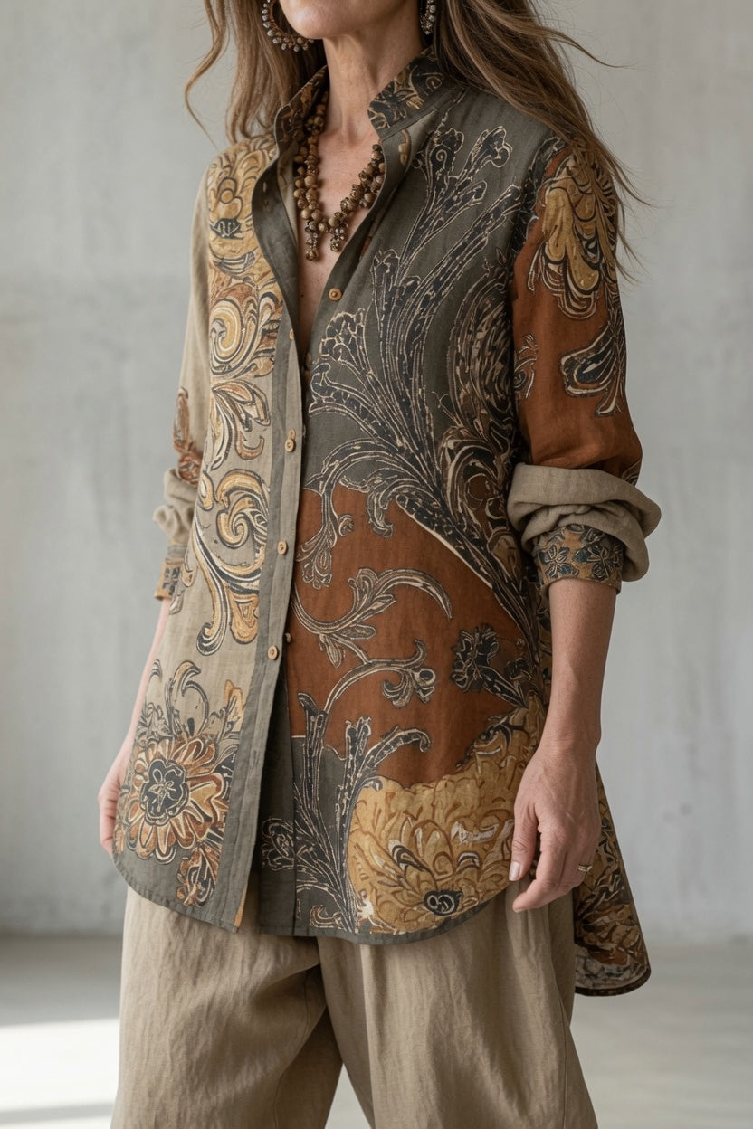Albinia printed shirt and trouser set in Beige, close-up