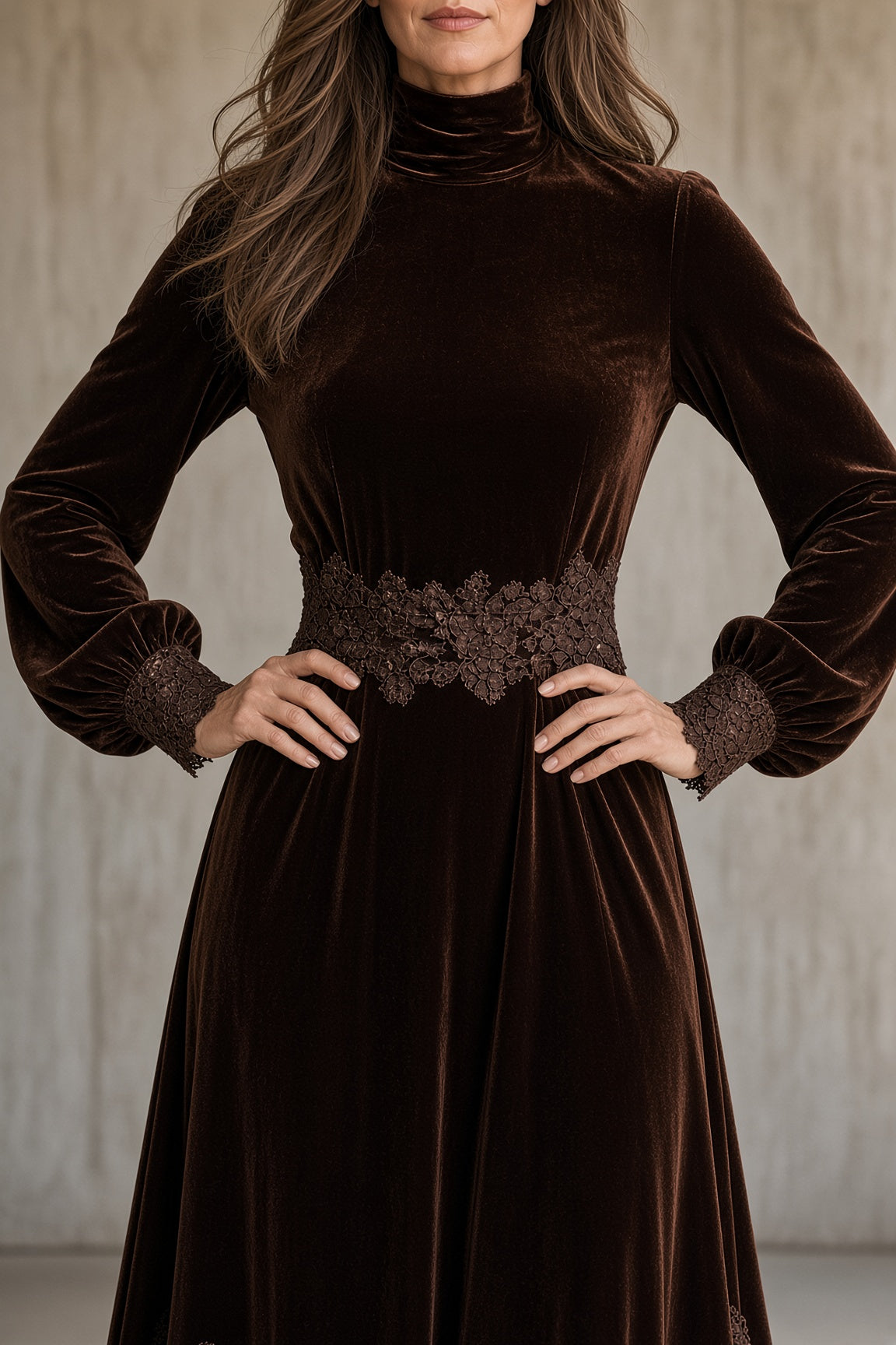 Berenice velvet maxi dress in brown, close-up of lace waistband