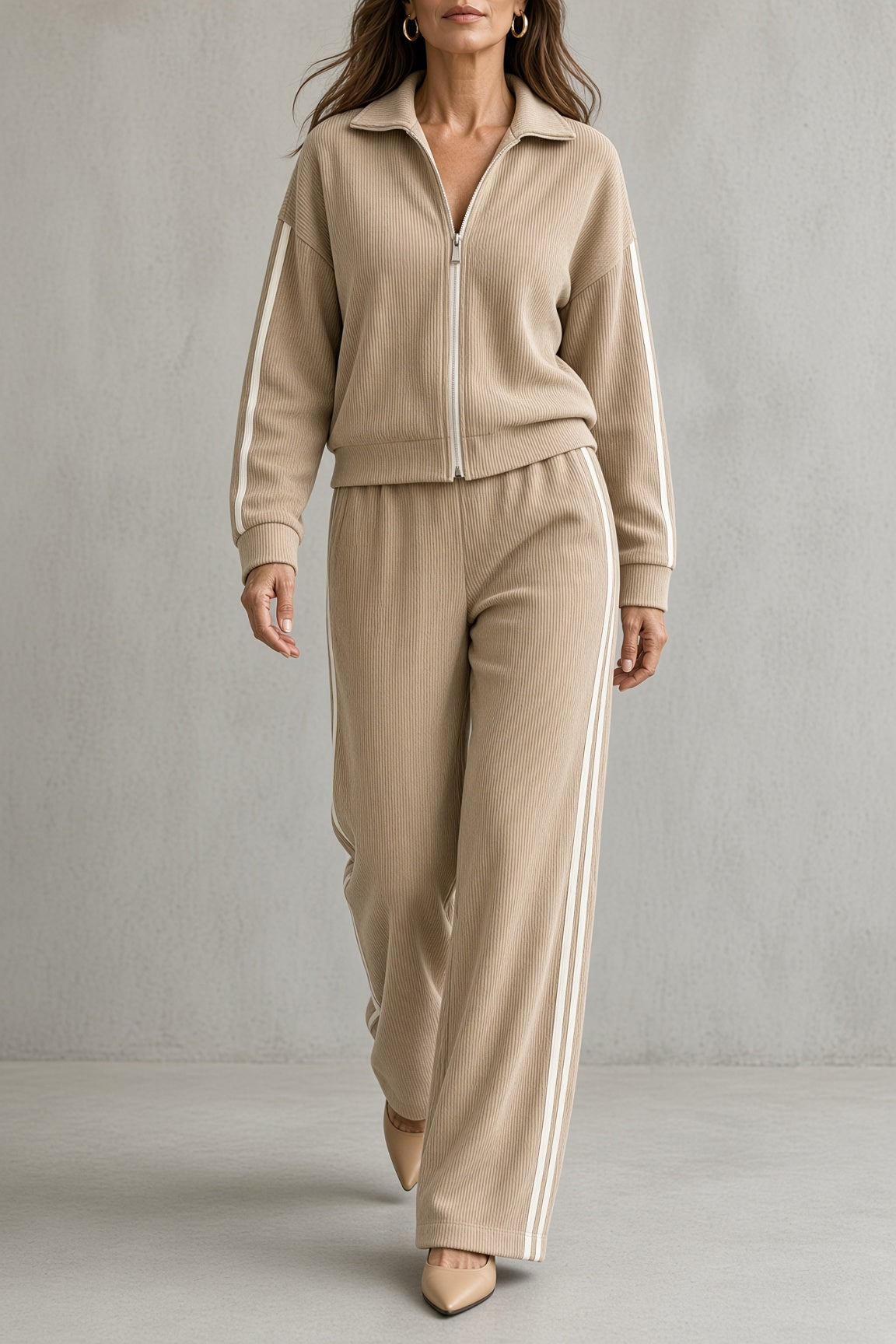 Catrin striped zip jacket and wide-leg trouser set in beige, front view