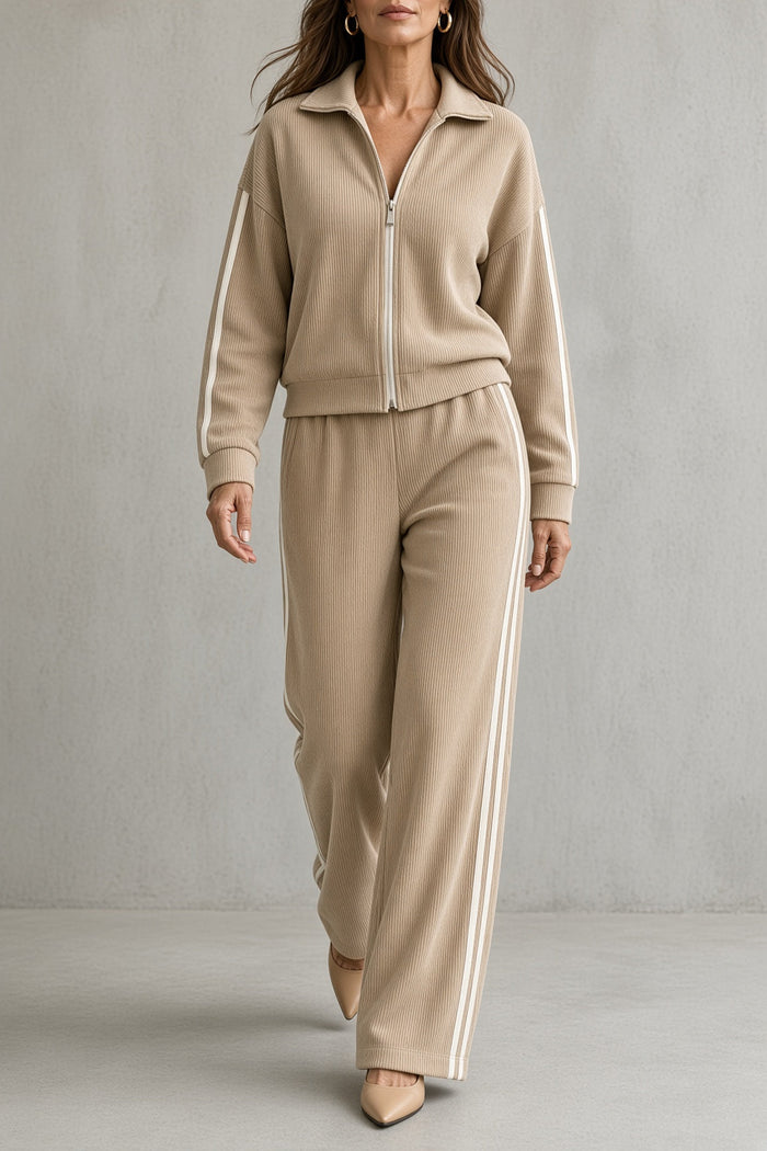 Catrin striped zip jacket and wide-leg trouser set in beige, front view