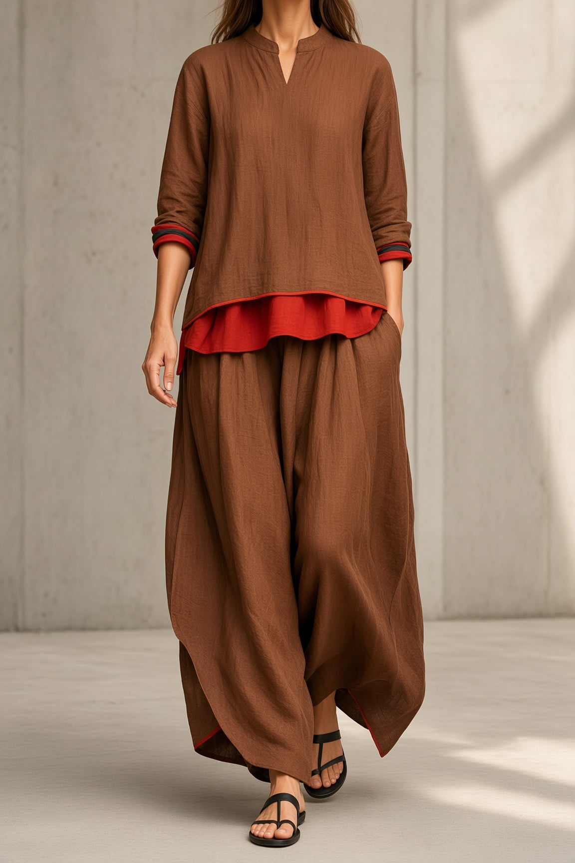 Gertrude layered top and wide-leg trouser set in brown, front view