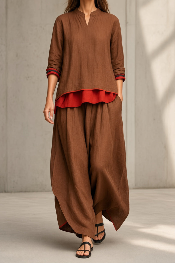 Gertrude layered top and wide-leg trouser set in brown, front view