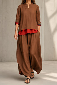 HENRIETTE | CONTRAST-TRIM TOP AND WIDE-LEG TROUSER SET