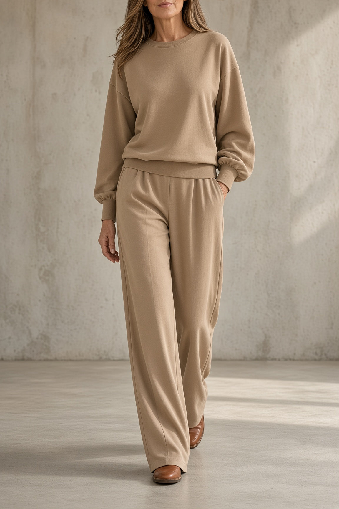 Taylor colour-block sweatshirt and trouser set in beige, front view