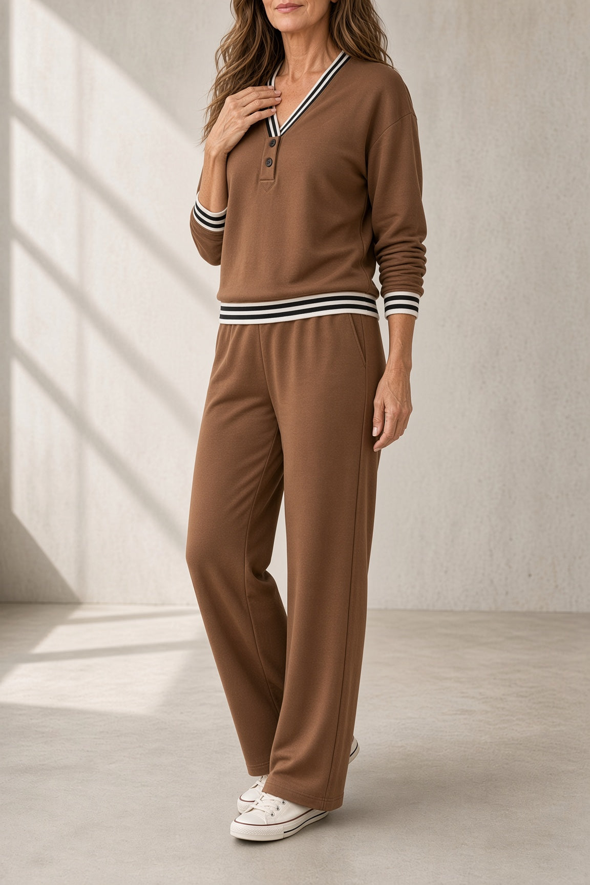 Adelind V-neck top and wide-leg trouser set in brown, styled view